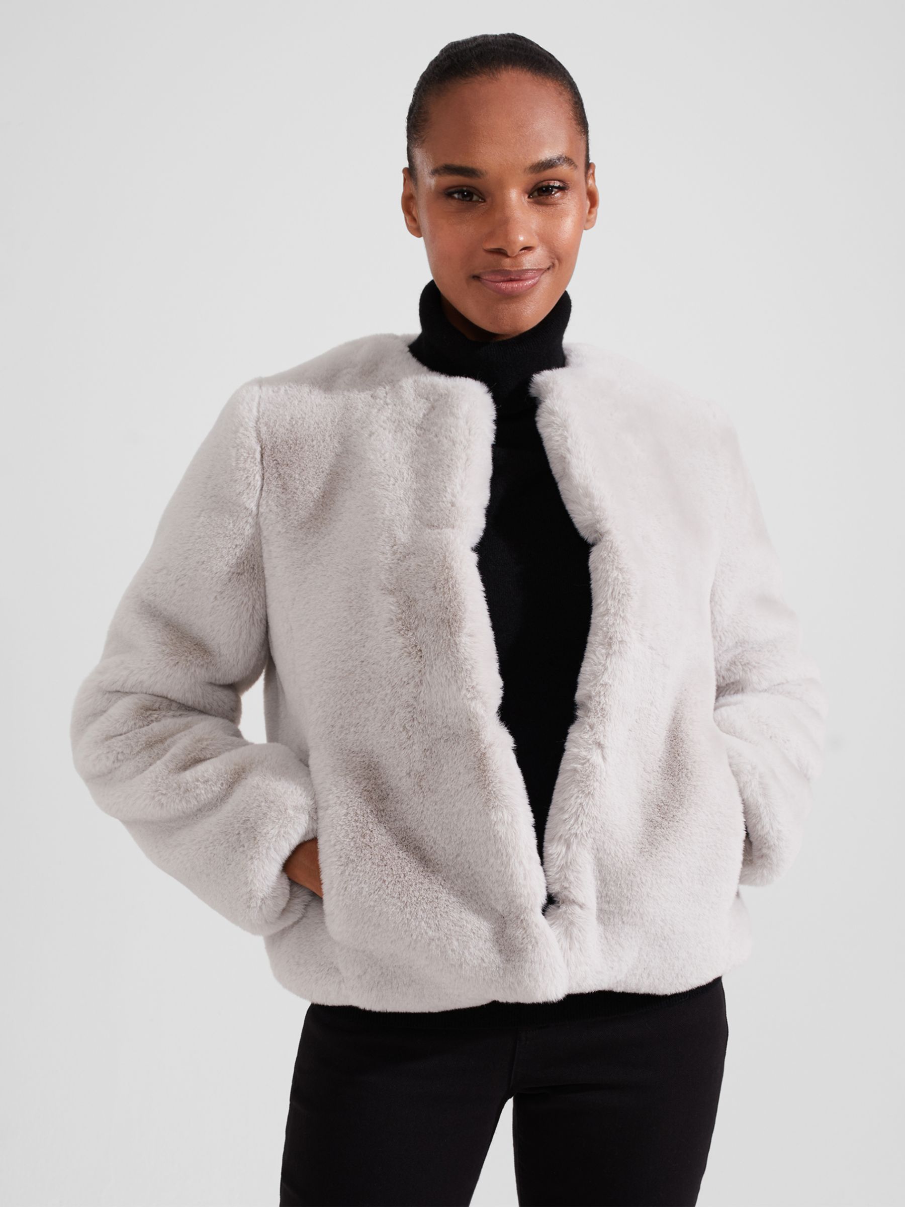 Hobbs Faux Fur Florence Coat, Silver at John Lewis & Partners