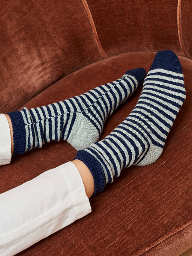 Brora Cashmere Blend Stripe Socks, French Navy/Duck 