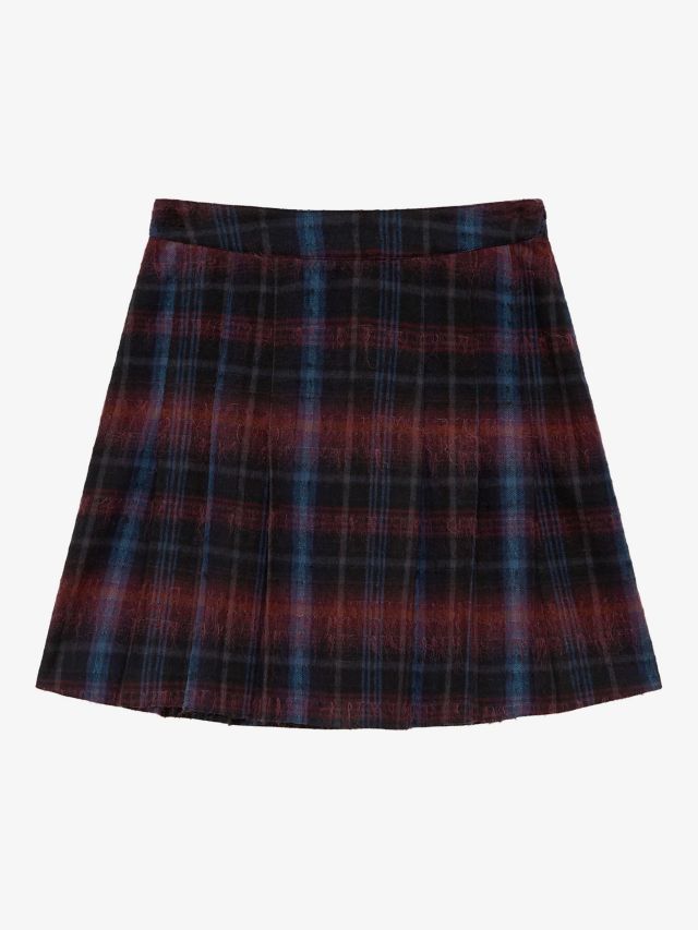 Brora Scottish Mohair Wool Blend Check Pleated Mini Kilt, Midnight