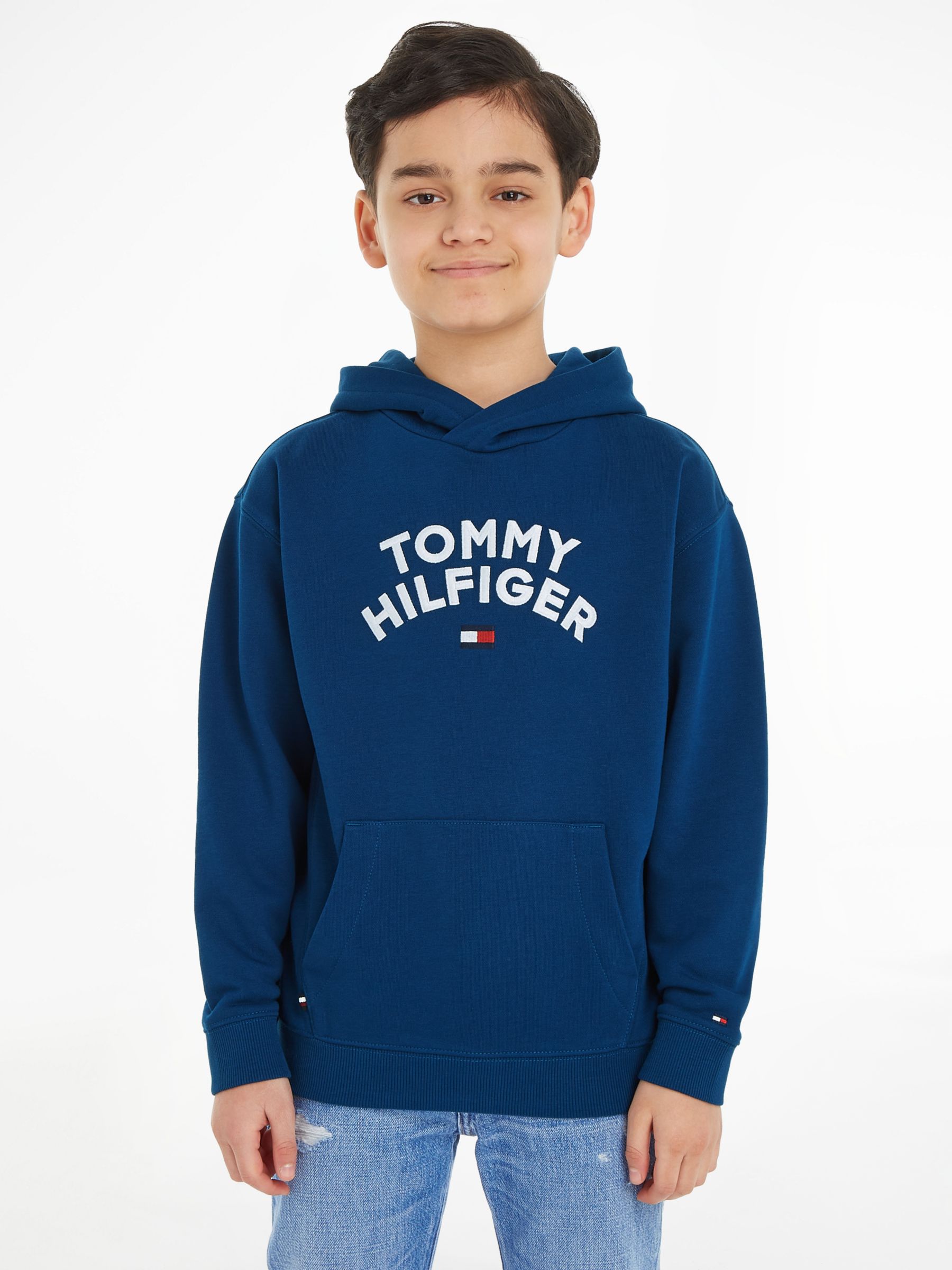 Tommy Hilfiger Kids' Tommy Flag Logo Hoodie, Blue Indigo at John Lewis ...