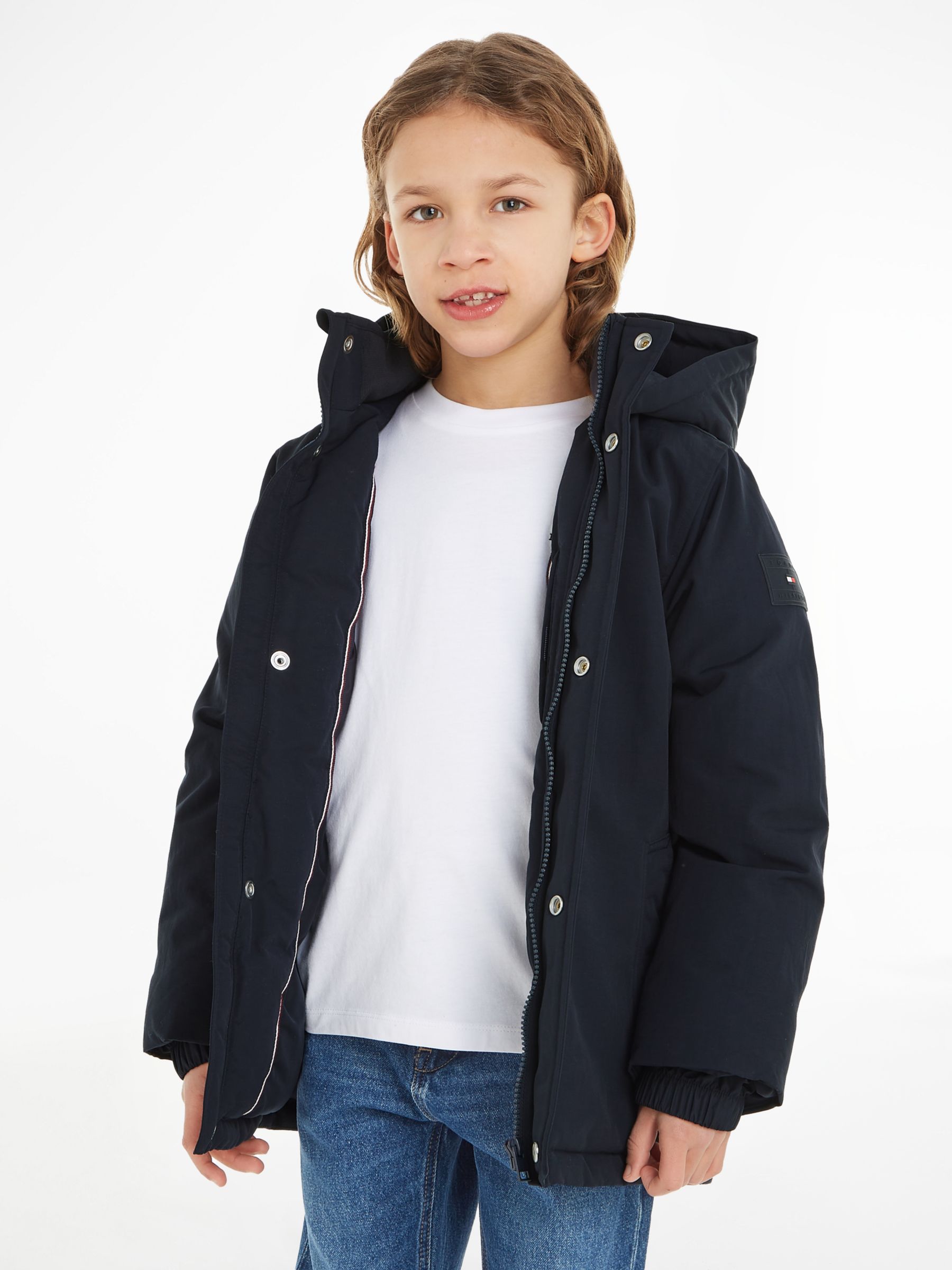 Tommy Hilfiger Kids' Essential Logo Parka Hooded Jacket, Desert Sky at ...