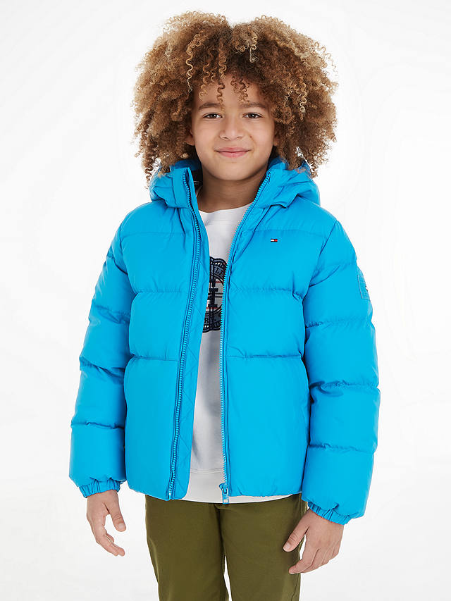 Tommy Hilfiger Kids' Essential Padded Down Logo Hooded Jacket, Cerulean ...