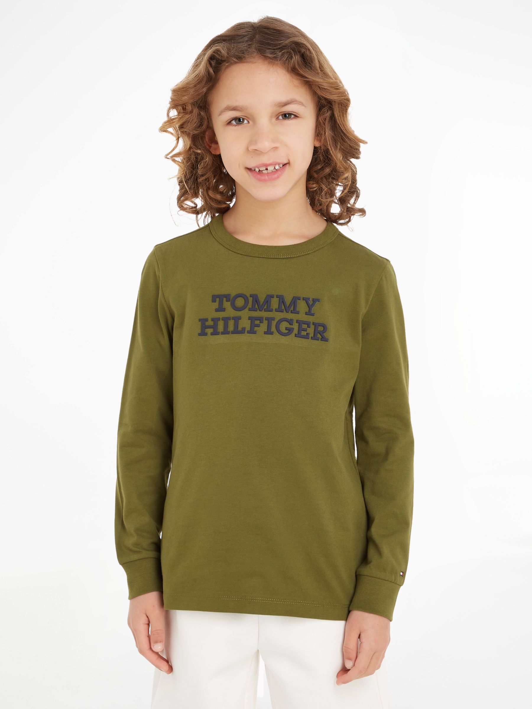 Tommy Hilfiger Kids' Raised Logo Long Sleeve T-Shirt, Putting Green, 3 years