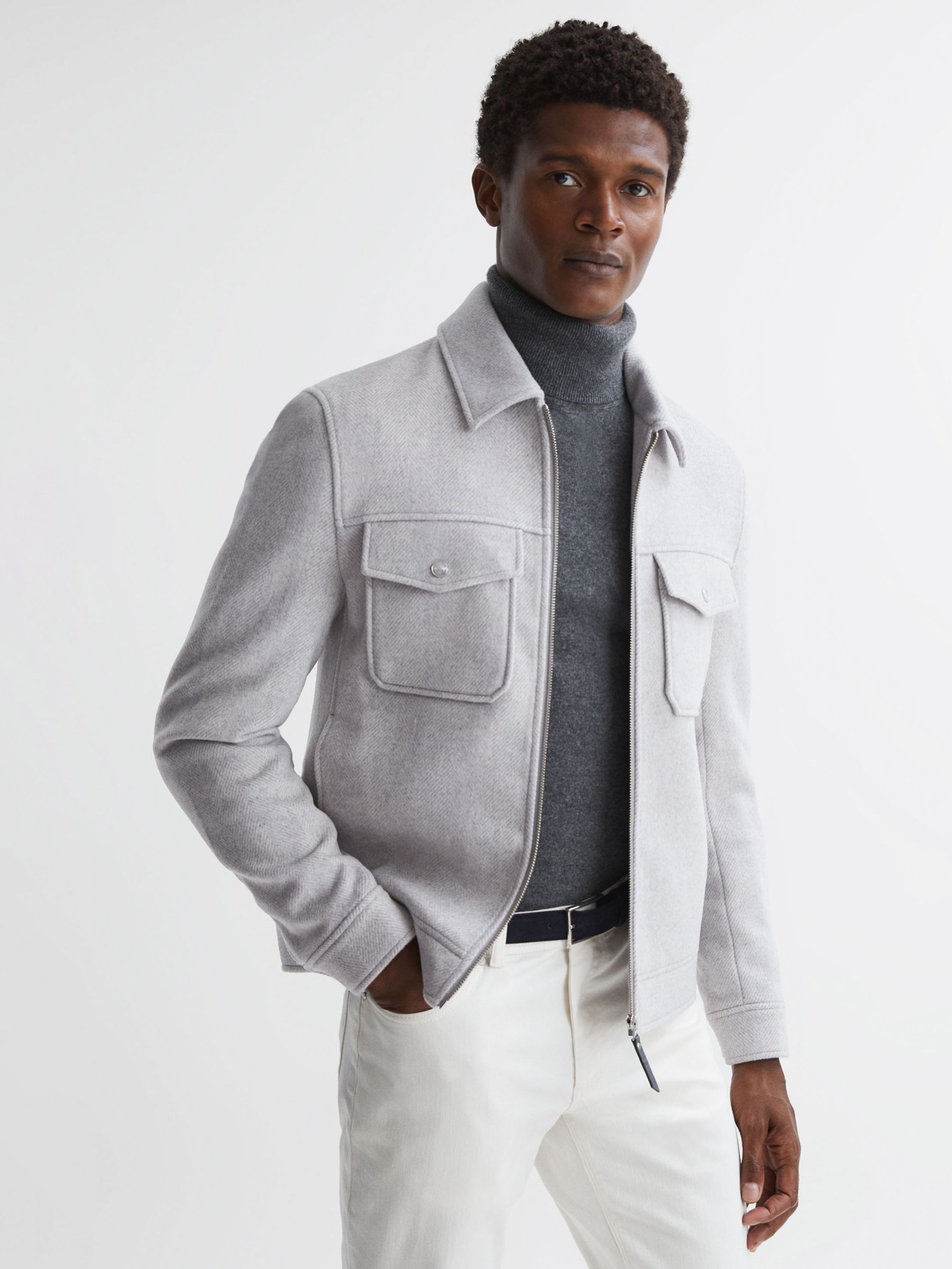 Reiss Peridoe Wool Blend Zip Through Jacket, Soft Grey
