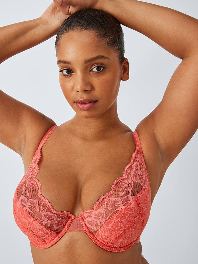 AND/OR Wren Lace Underwired Plunge Bra, B-F Cup Sizes, Coral