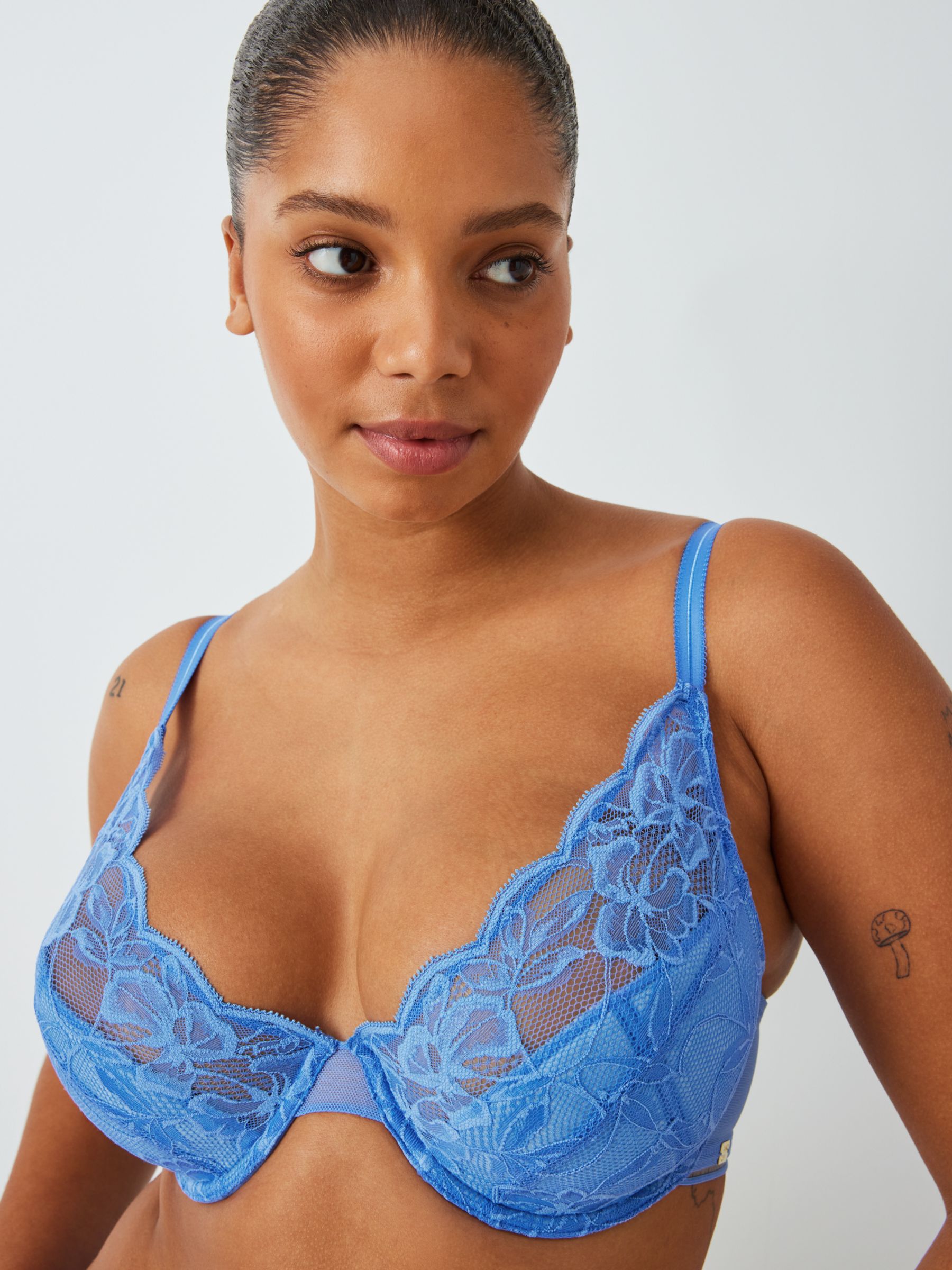 AND/OR Wren Lace Underwired Plunge Bra, B-F Cup Sizes, Cornflower Blue, 32B
