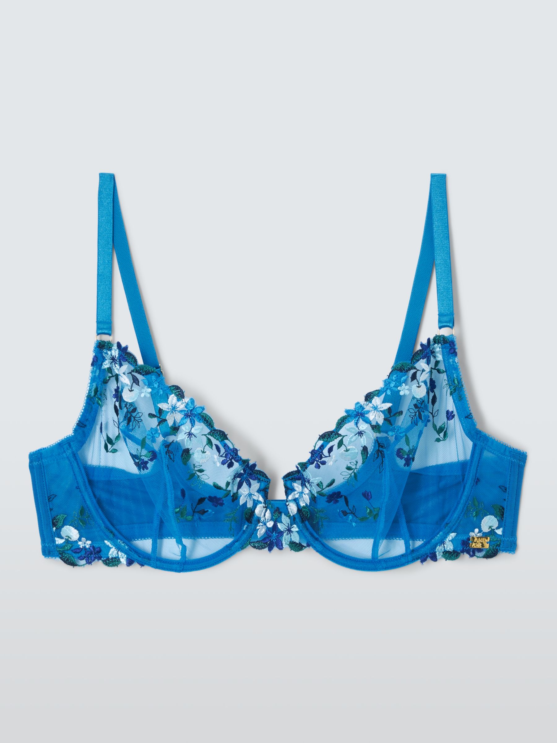 AND/OR Kiki Floral Embroidery Plunge Bra, Light Blue at John Lewis ...