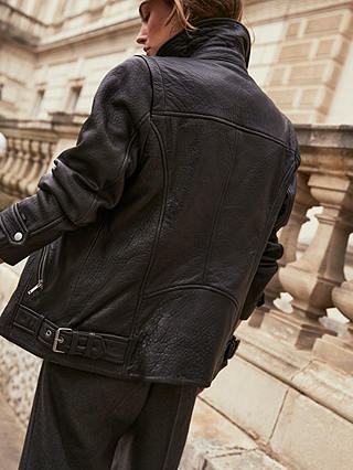 Mint Velvet Oversized Leather Biker Jacket, Black