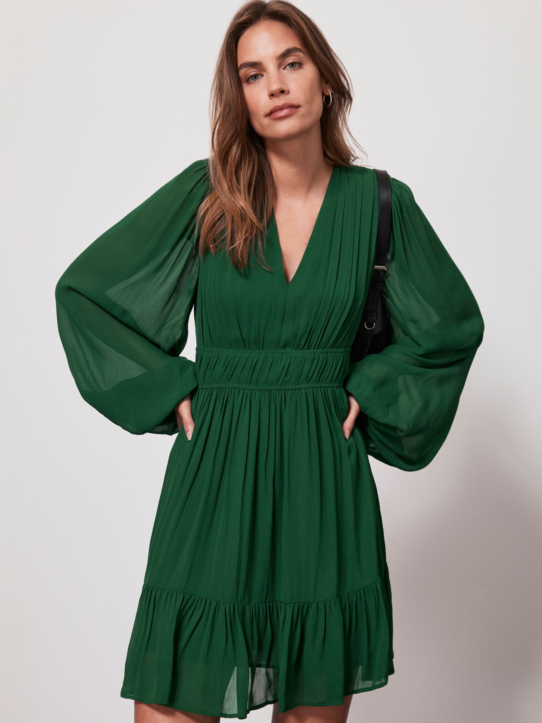 Mint Velvet Ruched Waist Mini Dress, Mid Green at John Lewis & Partners