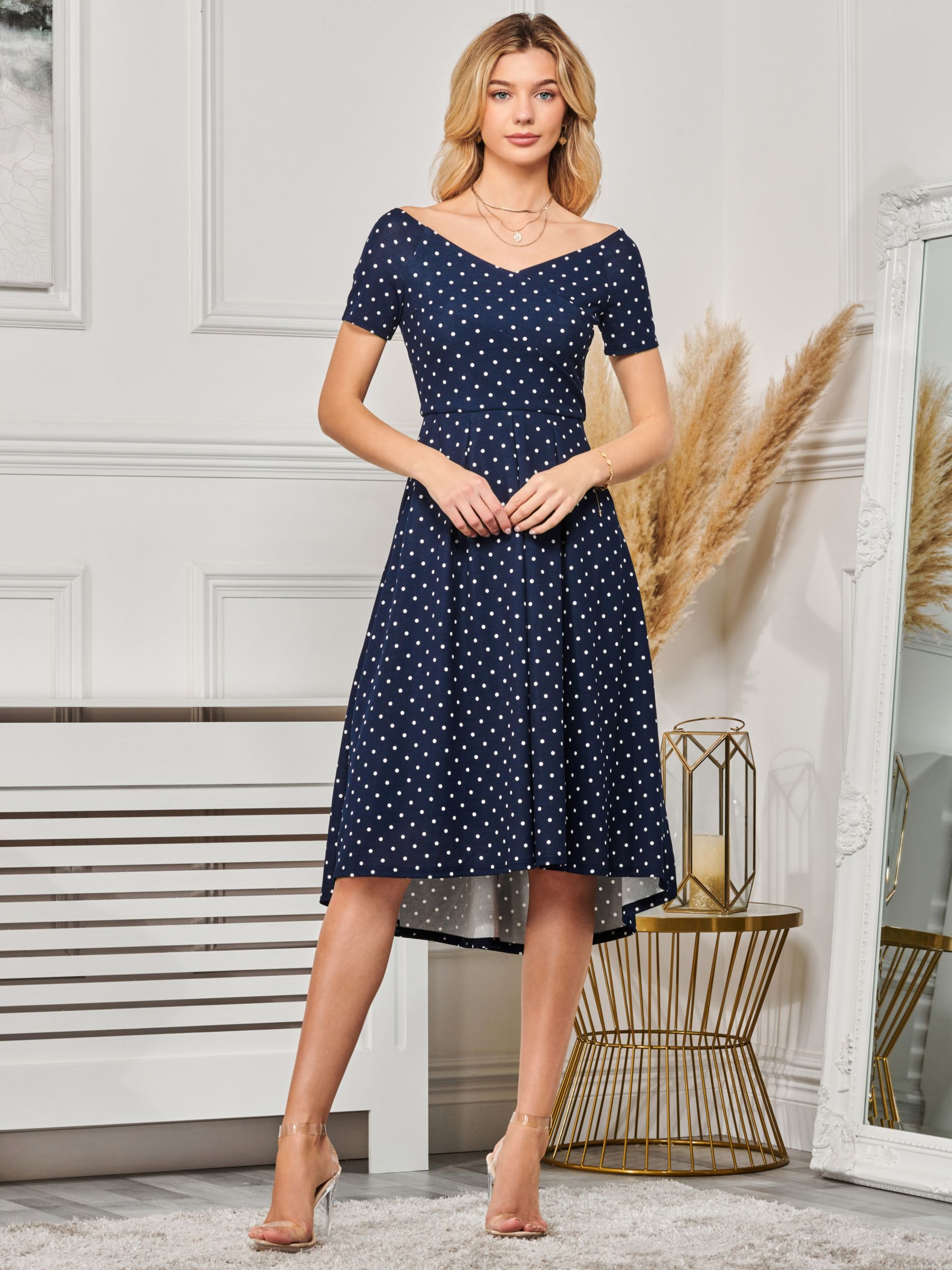 Jolie Moi Polka Dot Pleated Ponte Midi Dress Navy at John Lewis