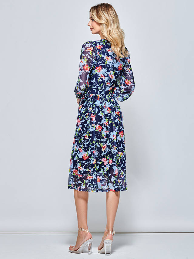 Jolie Moi Floral Long Sleeve Mesh Midi Dress, Navy at John Lewis & Partners