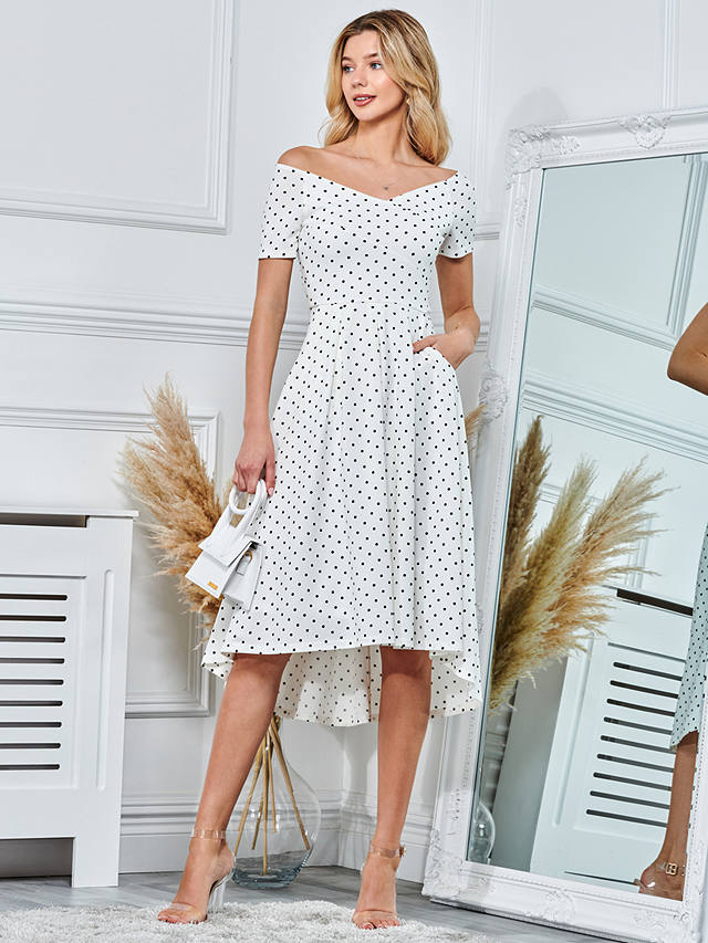 Jolie Moi Polka Dot Pleated Ponte Midi Dress, White