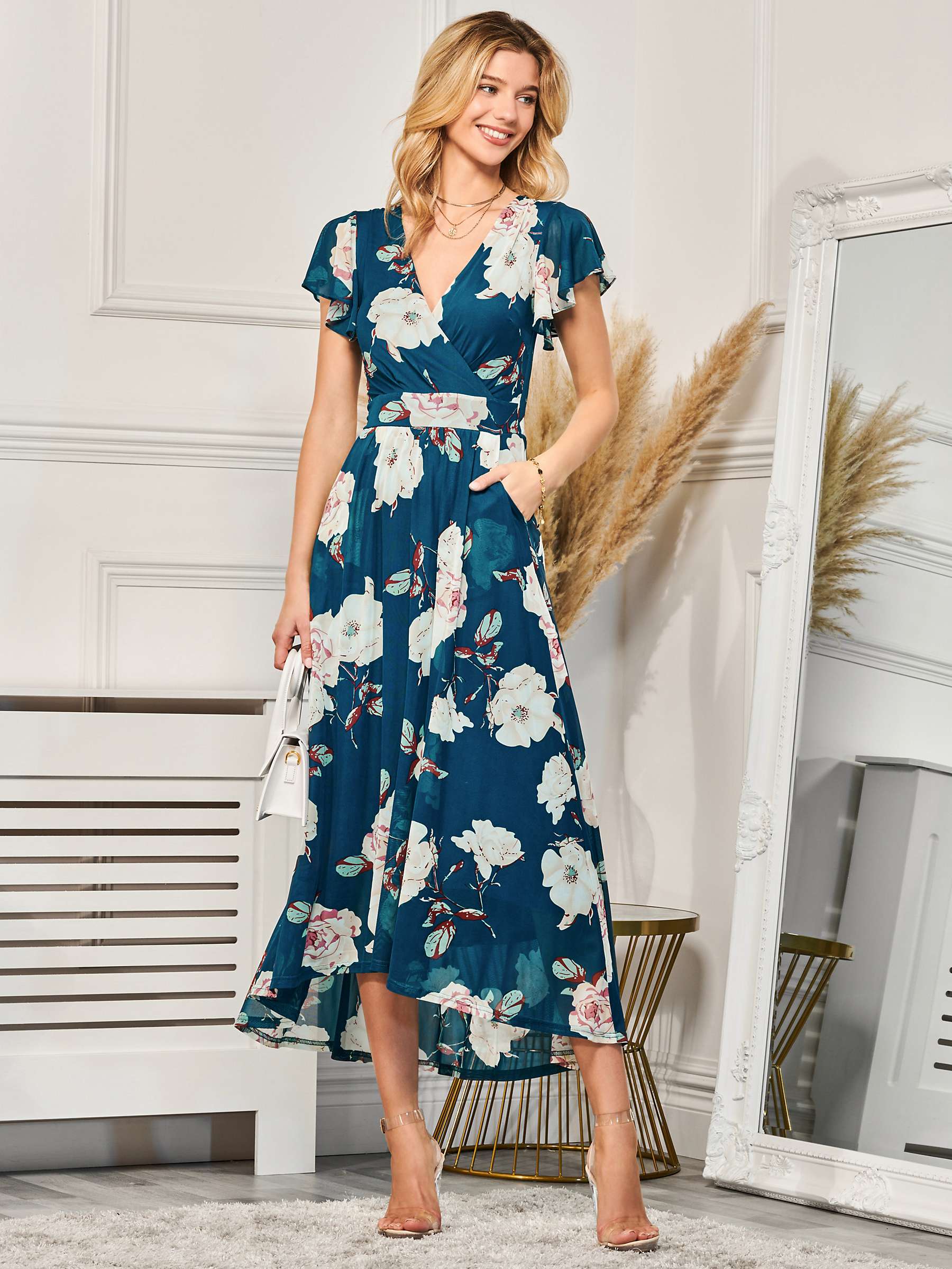 Buy Jolie Moi Dip Hem Floral Print Midi Dress, Teal Online at johnlewis.com