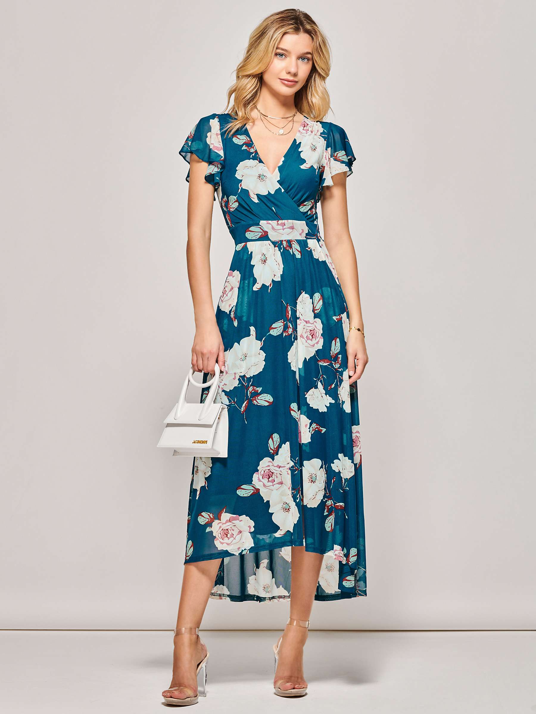 Buy Jolie Moi Dip Hem Floral Print Midi Dress, Teal Online at johnlewis.com