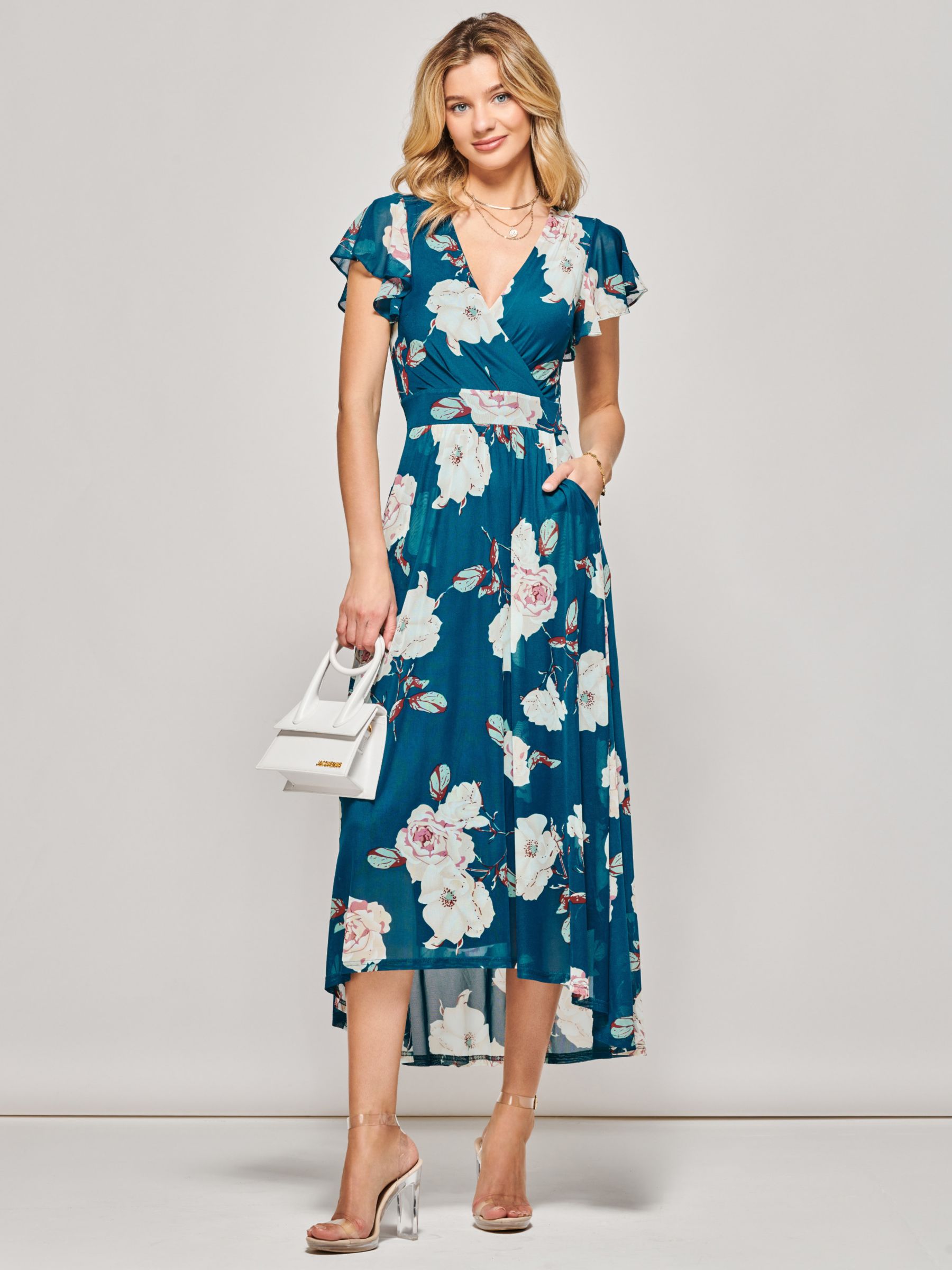 Jolie Moi Dip Hem Floral Print Midi Dress, Teal at John Lewis & Partners