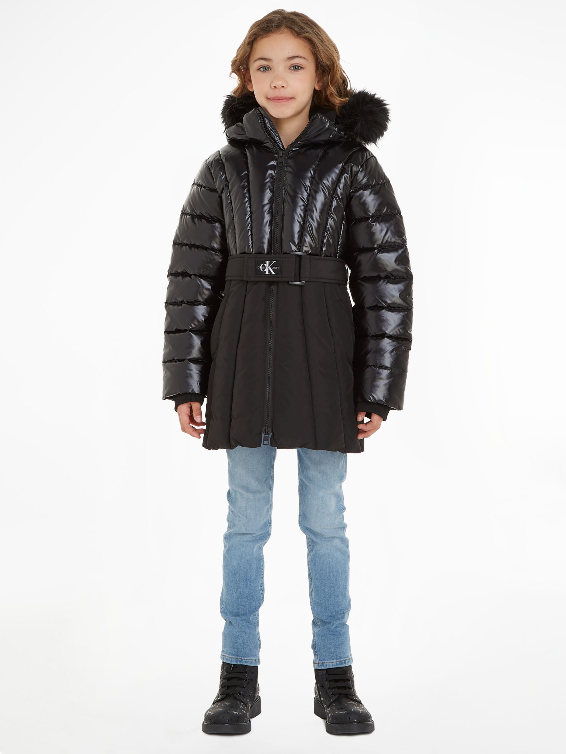 Calvin Klein Kids' CKJ Belted Faux Fur Trim Puffer Coat, Ck Black at ...