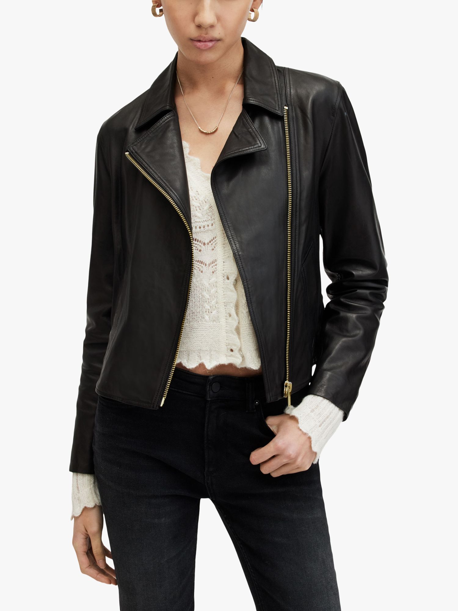 AllSaints Vela Leather Biker Jacket, Black at John Lewis & Partners
