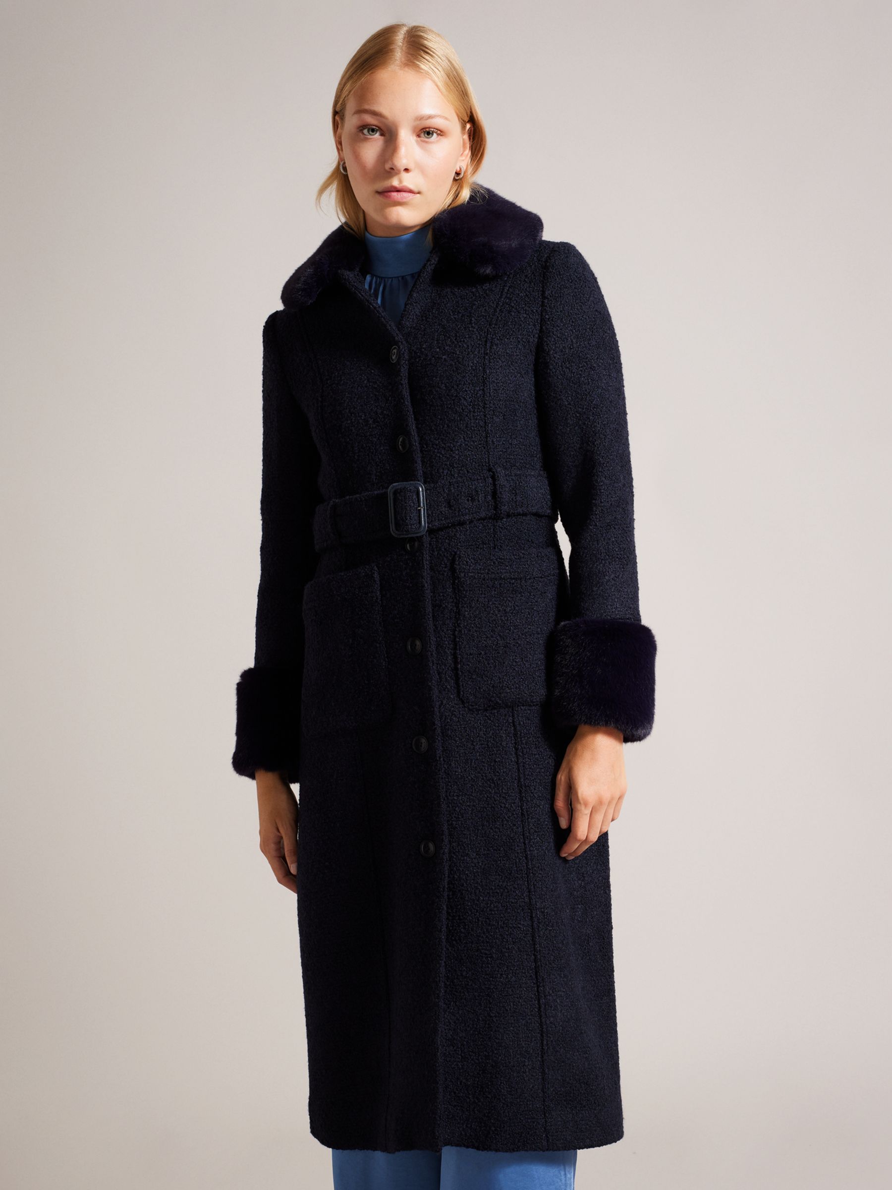 Ted Baker Lyddiia Slim Fit Wool Blend Faux Fur Trim Coat, Navy