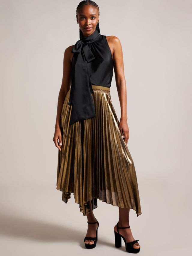 Black metallic discount pleated midi skirt