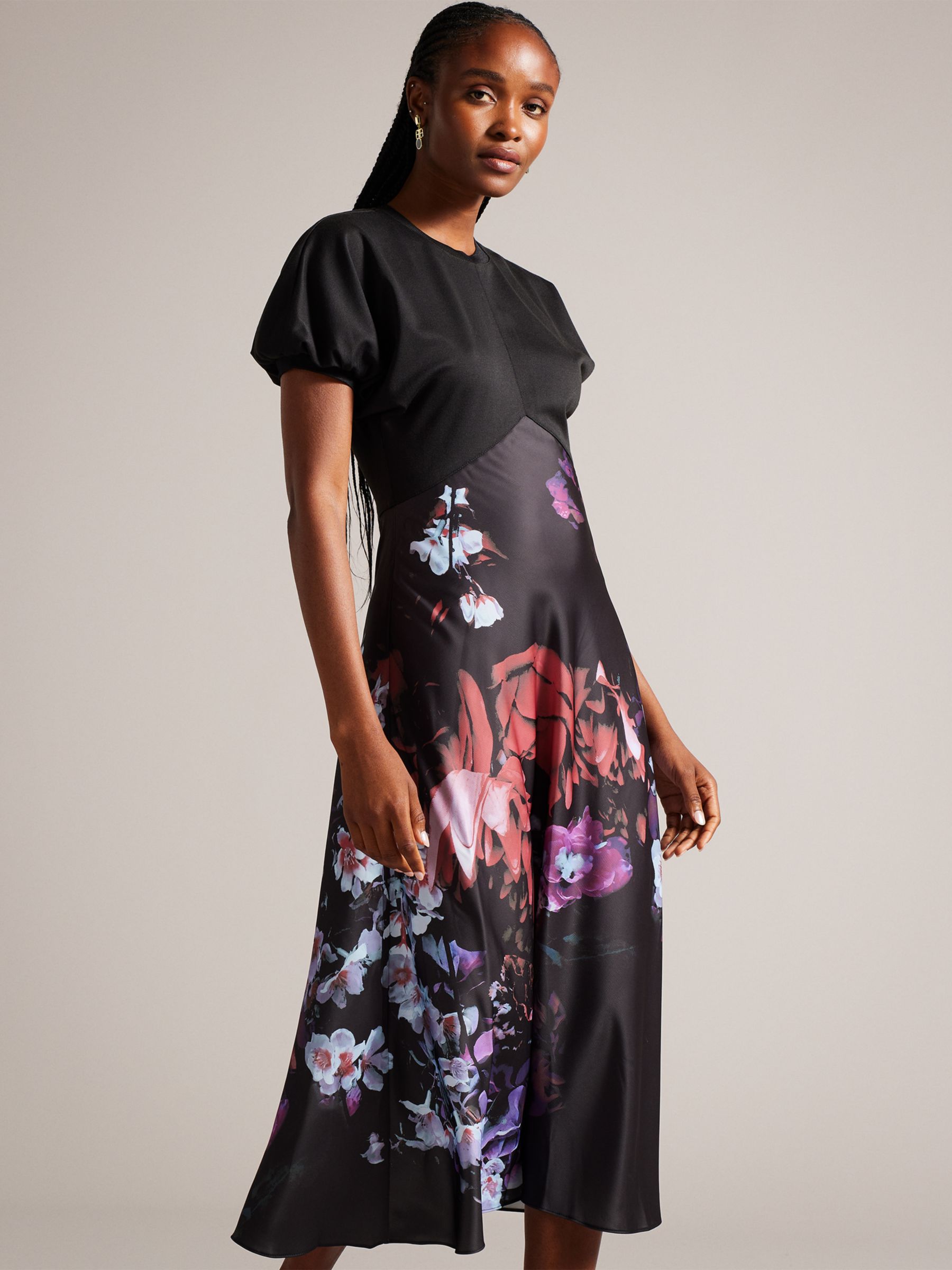 Ted Baker Drewee Ponte Top with Floral Satin Skirt Midi Dress, Black/Multi