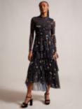 Ted Baker Mirande Asymmetric Hem Tiered Midi Dress, Black/Multi
