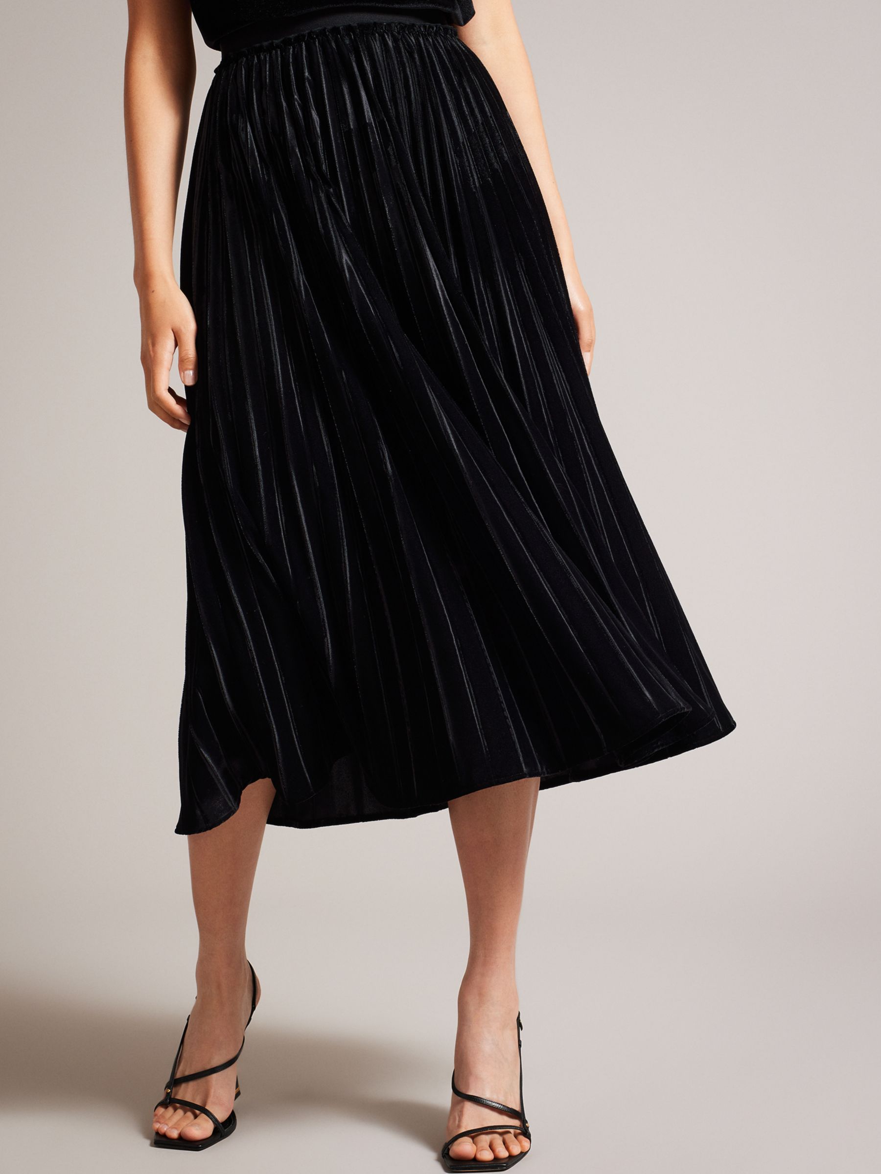 Ted Baker Gjill Pleated Velvet Midi Skirt, Black at John Lewis & Partners