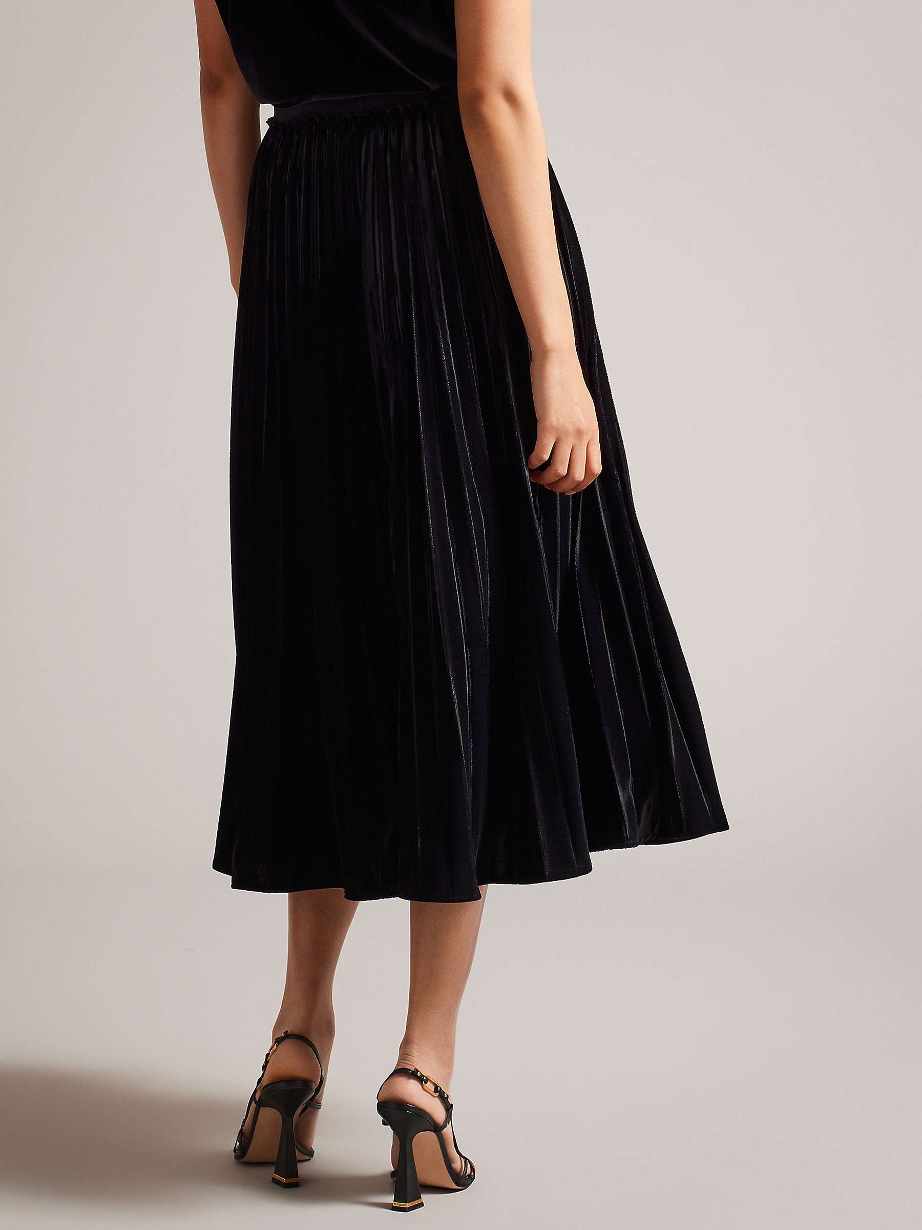 Ted Baker Gjill Pleated Velvet Midi Skirt, Black at John Lewis & Partners