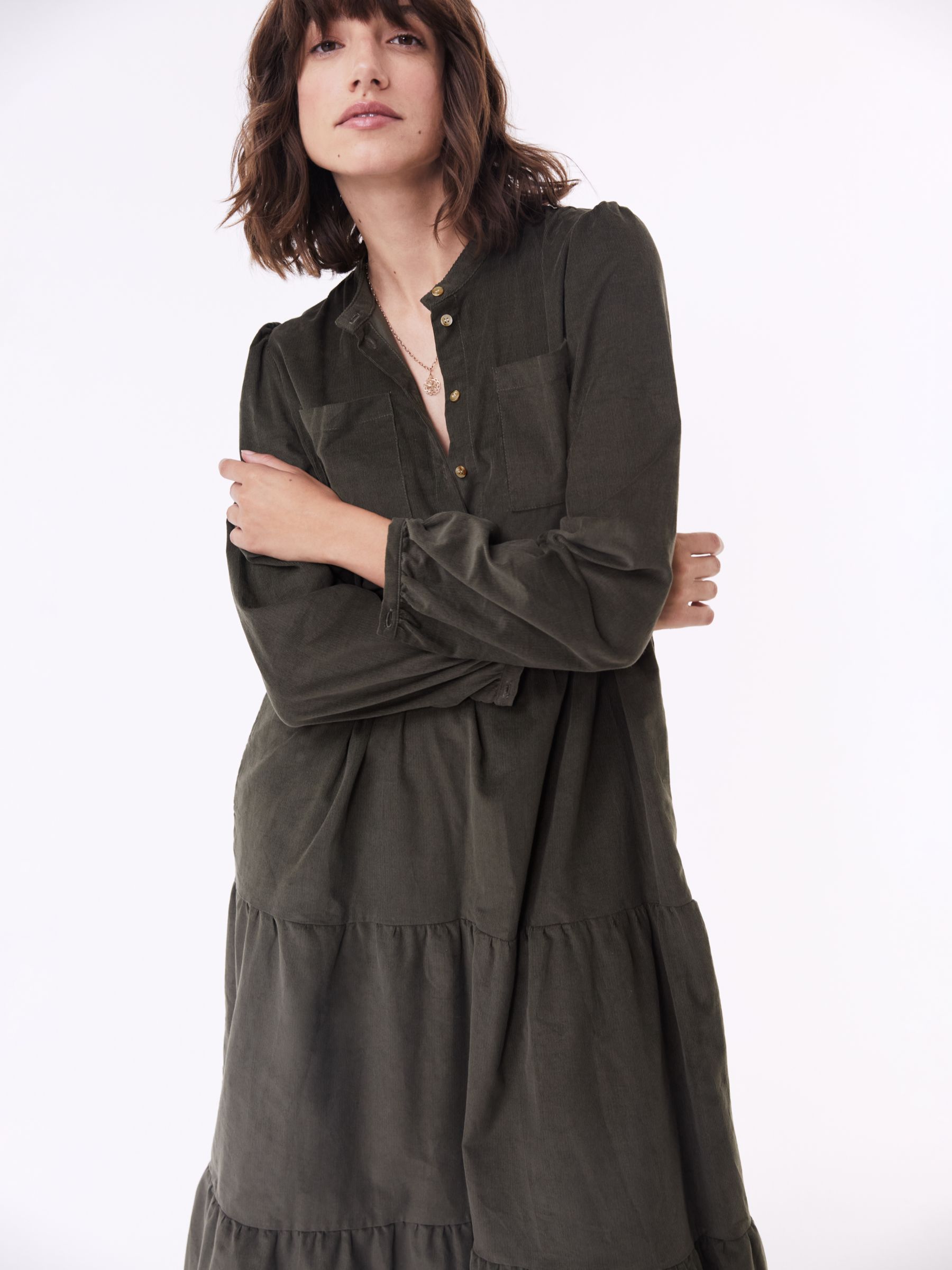 Baukjen Sue Organic Corduroy Midi Dress, Khaki at John Lewis & Partners