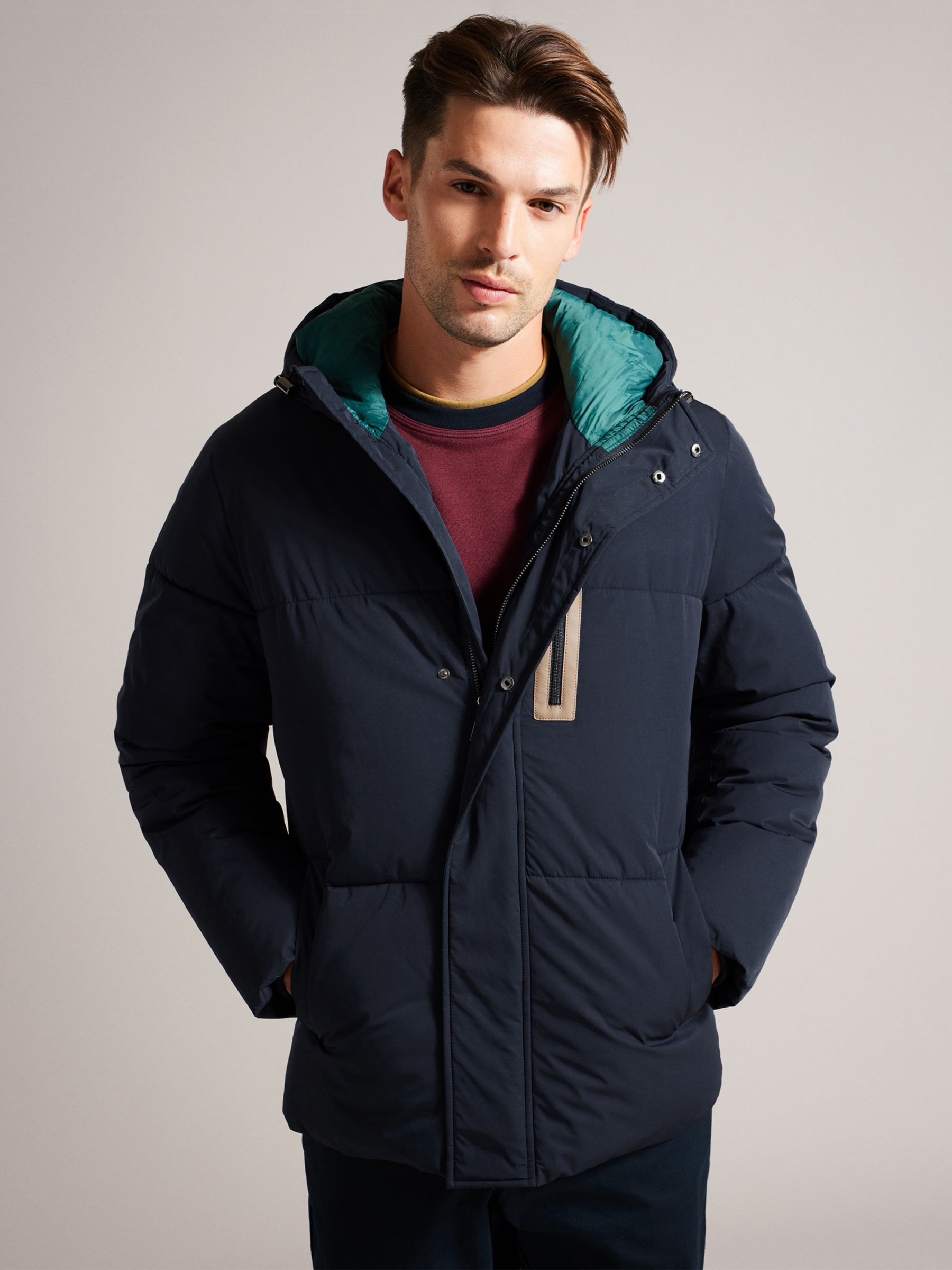 Ted Baker Short Hooded Puffer Jacket, Navy at John Lewis & Partners