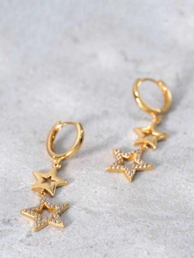 Mint Velvet Double Star Drop Hoop Earrings Gold One Size