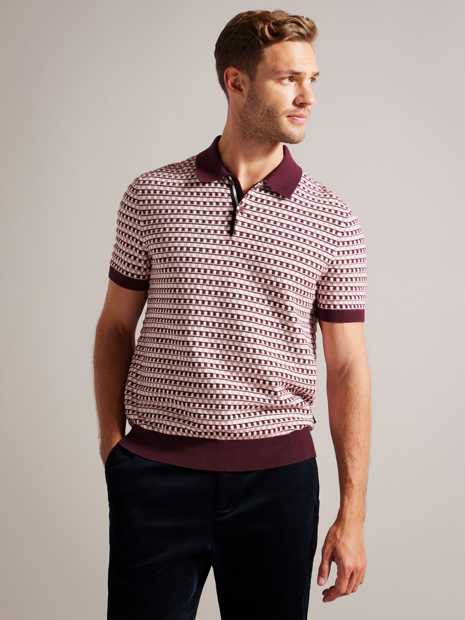 Ted Baker Notae Cotton Blend Textured Stitch Polo Shirt, Maroon at John ...
