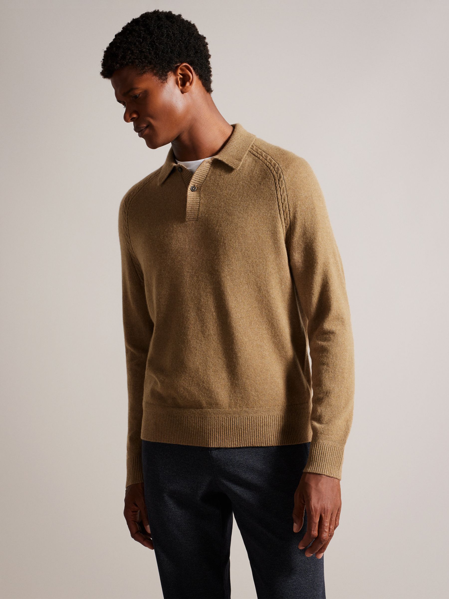 Ted Baker Karolt Cashmere Cable Textured Long Sleeve Polo Top, Brown ...