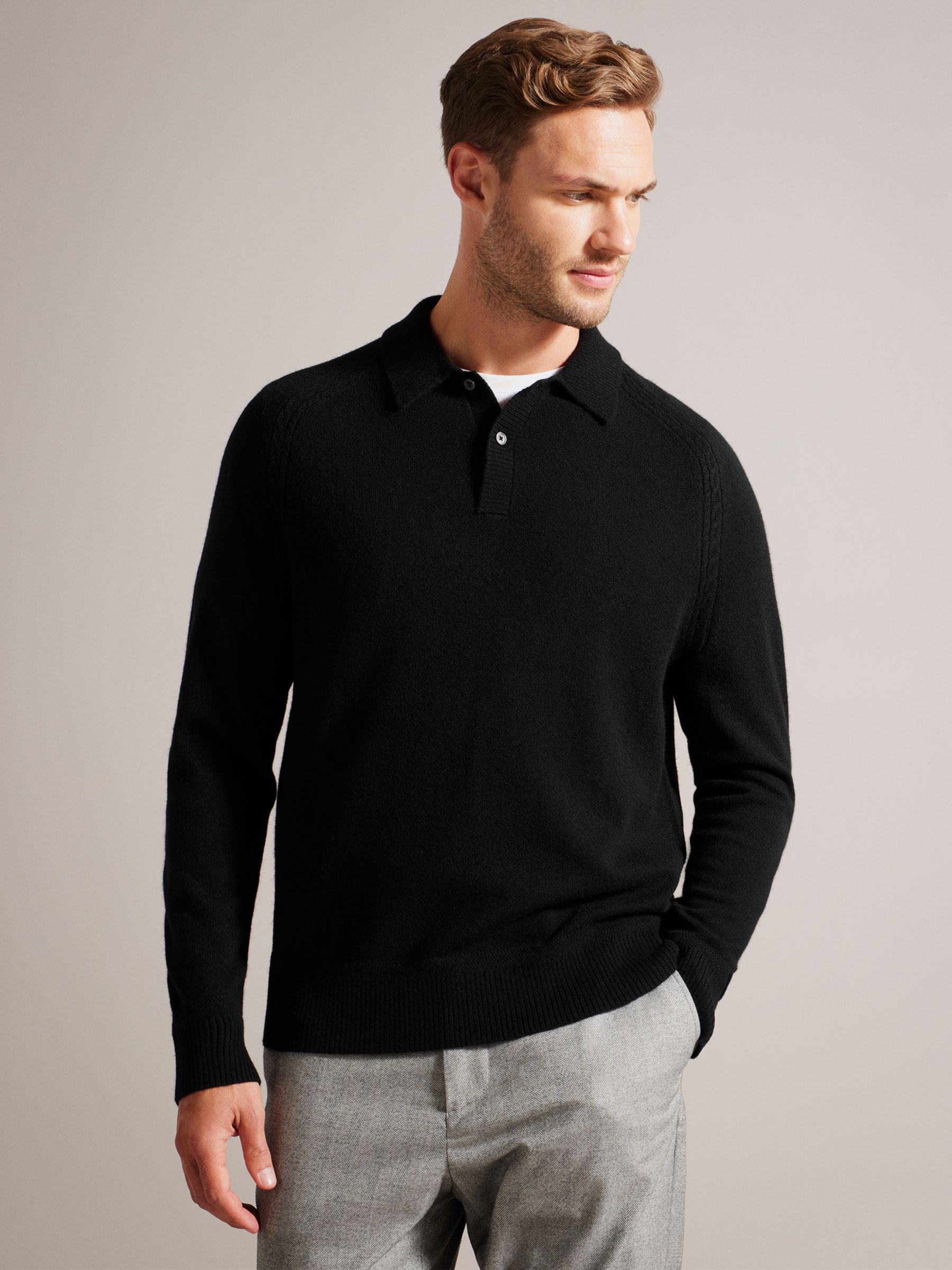 Ted Baker Karolt Cashmere Cable Textured Long Sleeve Polo Top, Black at ...