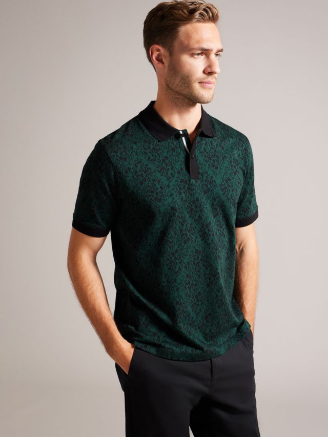 Ted Baker Ealis Jacquard Print Cotton Polo Shirt, Green/Black, XS