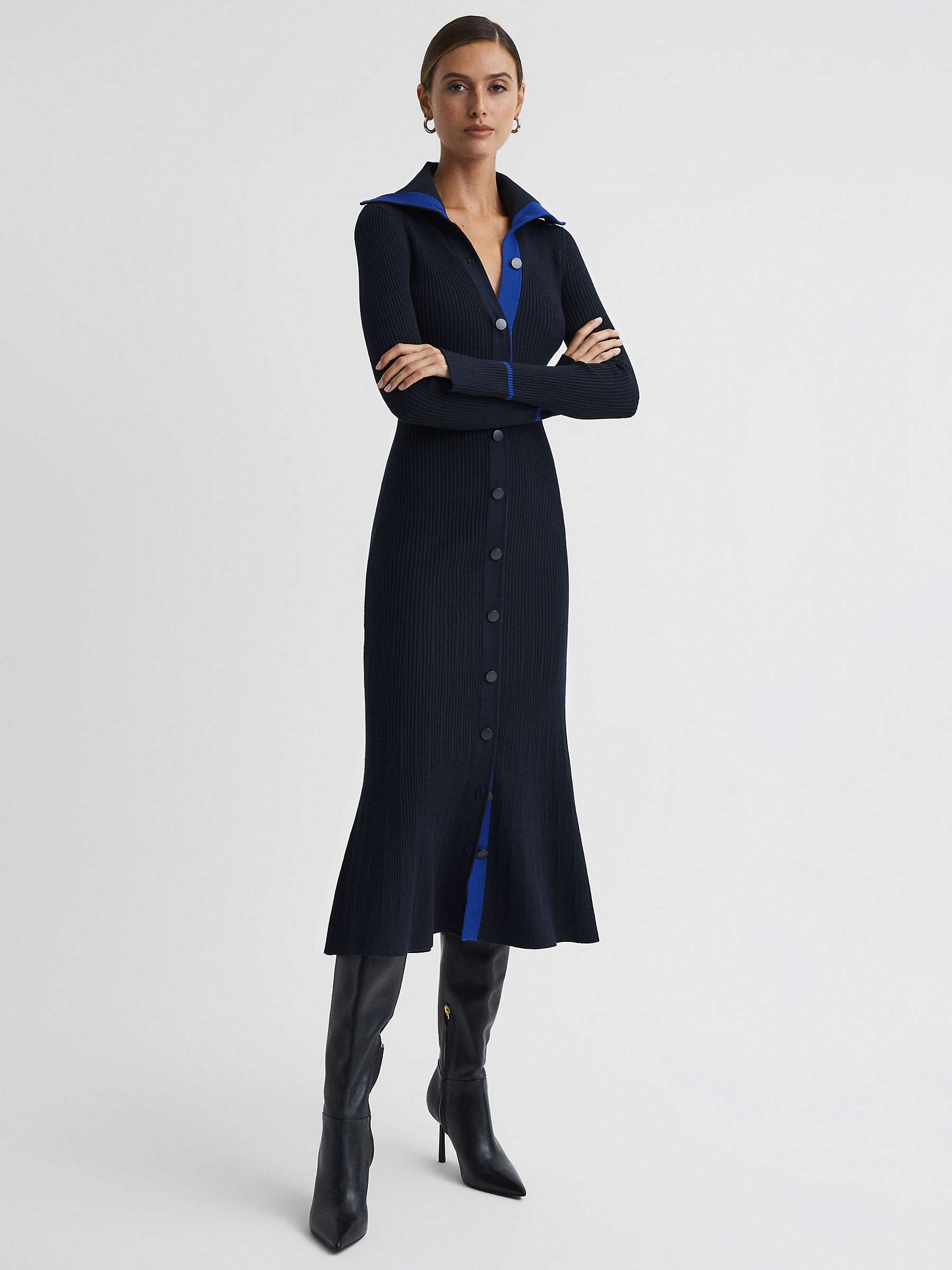 Buy Reiss Millie Rib Knit Colourblock Button Front Midi Dress, Navy/Blue Online at johnlewis.com