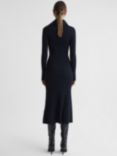 Reiss Millie Rib Knit Colourblock Button Front Midi Dress, Navy/Blue