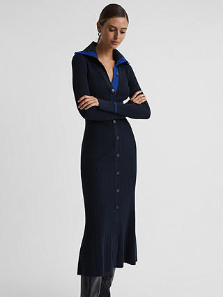 Reiss Millie Rib Knit Colourblock Button Front Midi Dress, Navy/Blue