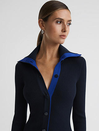 Reiss Millie Rib Knit Colourblock Button Front Midi Dress, Navy/Blue