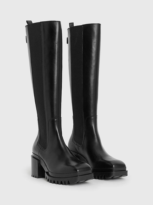 AllSaints Natalia Square Toe Leather Knee High Boots, Black
