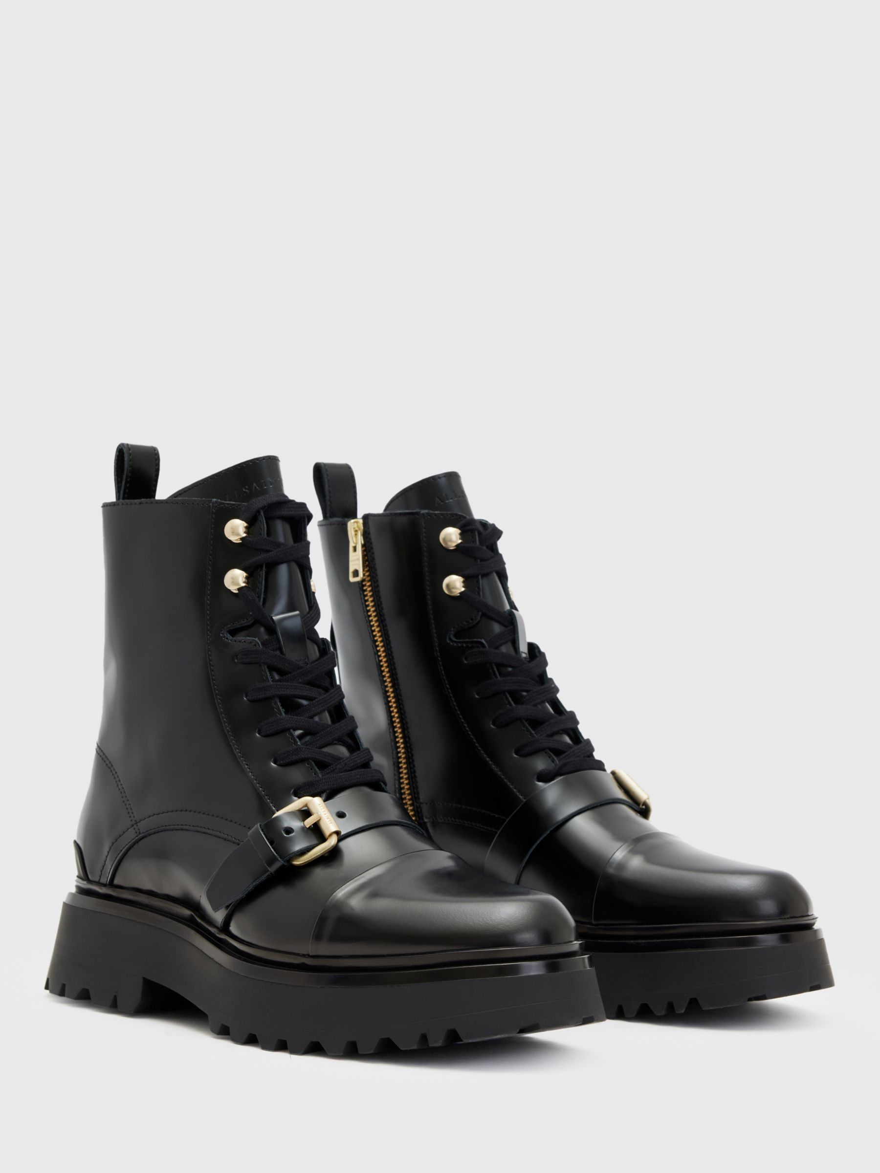 AllSaints Stellar Leather Ankle Boots, Black/Warm Brass, EU38