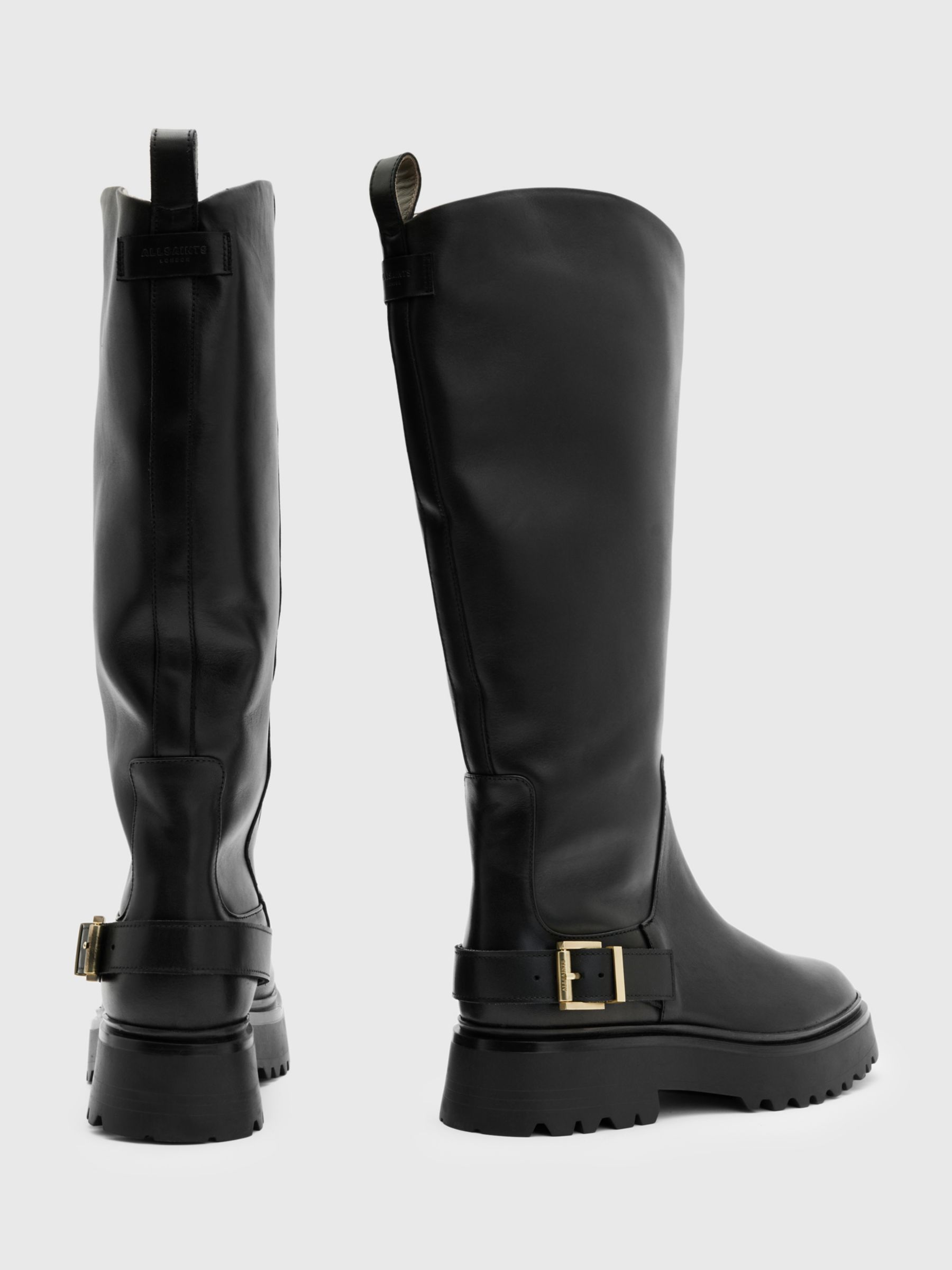 AllSaints Opal Pull-On Knee High Leather Boots, Black