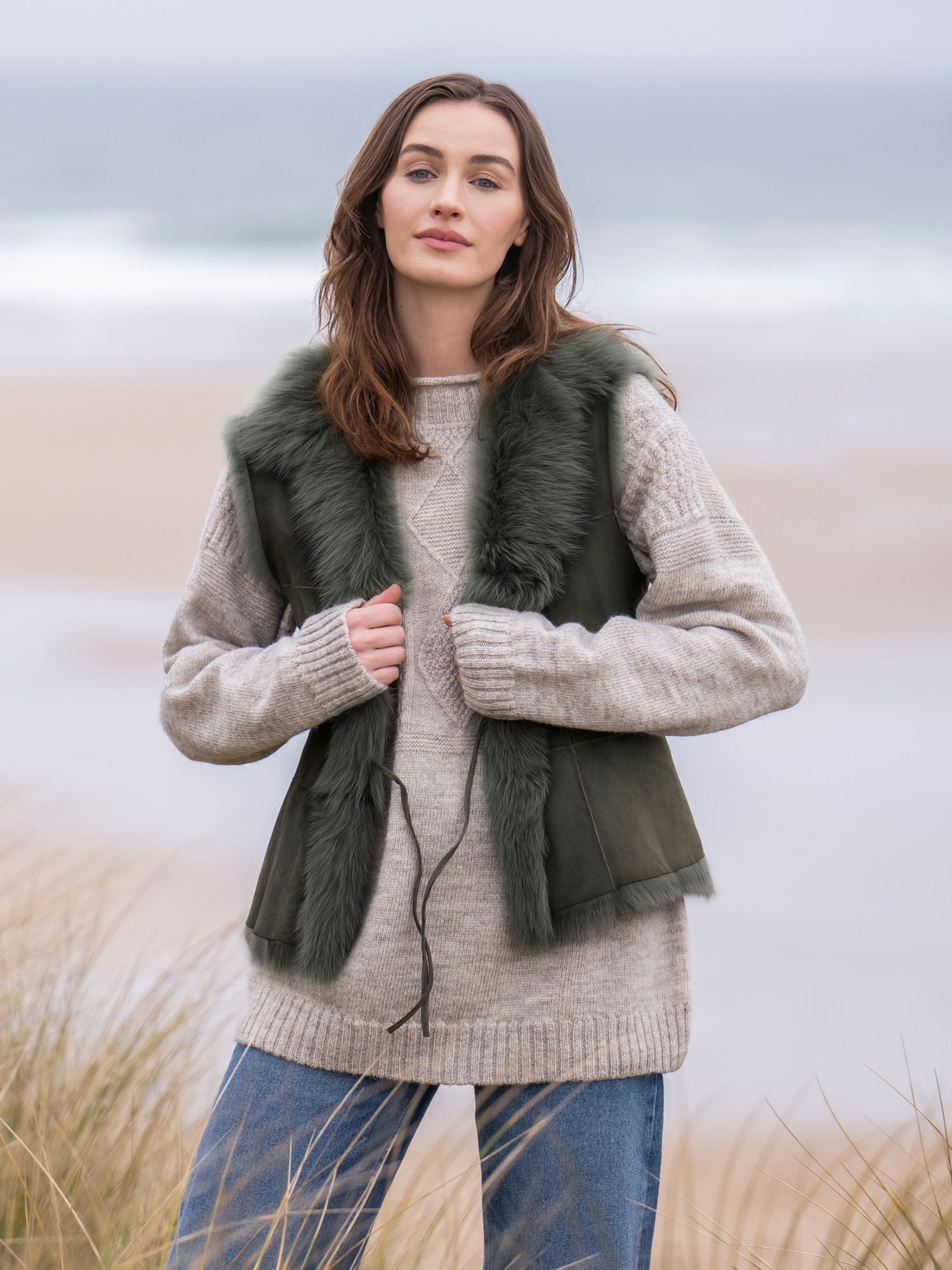 Celtic And Co Toscana Sheepskin Gilet Olive At John Lewis And Partners