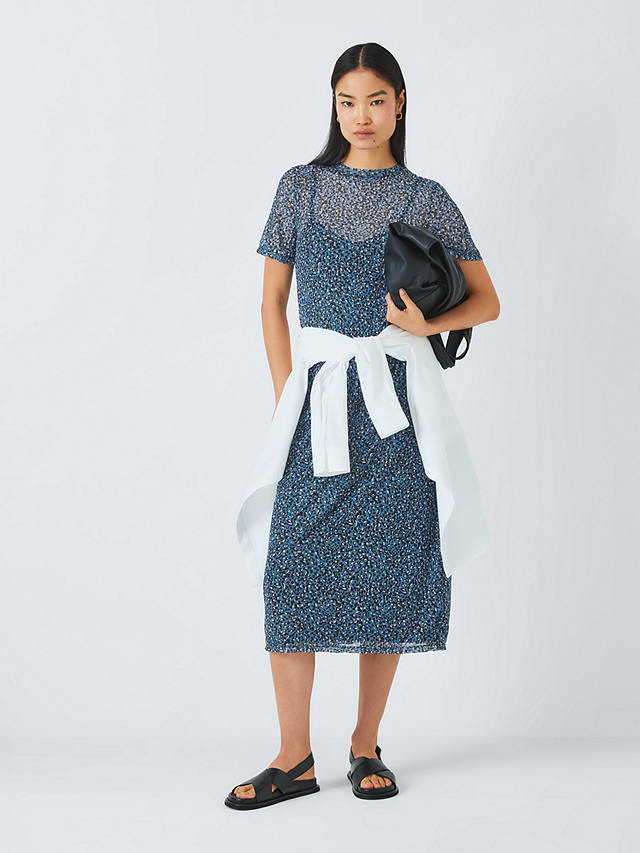 John Lewis ANYDAY Mesh Leopard Print Midi Dress, Blue/Multi