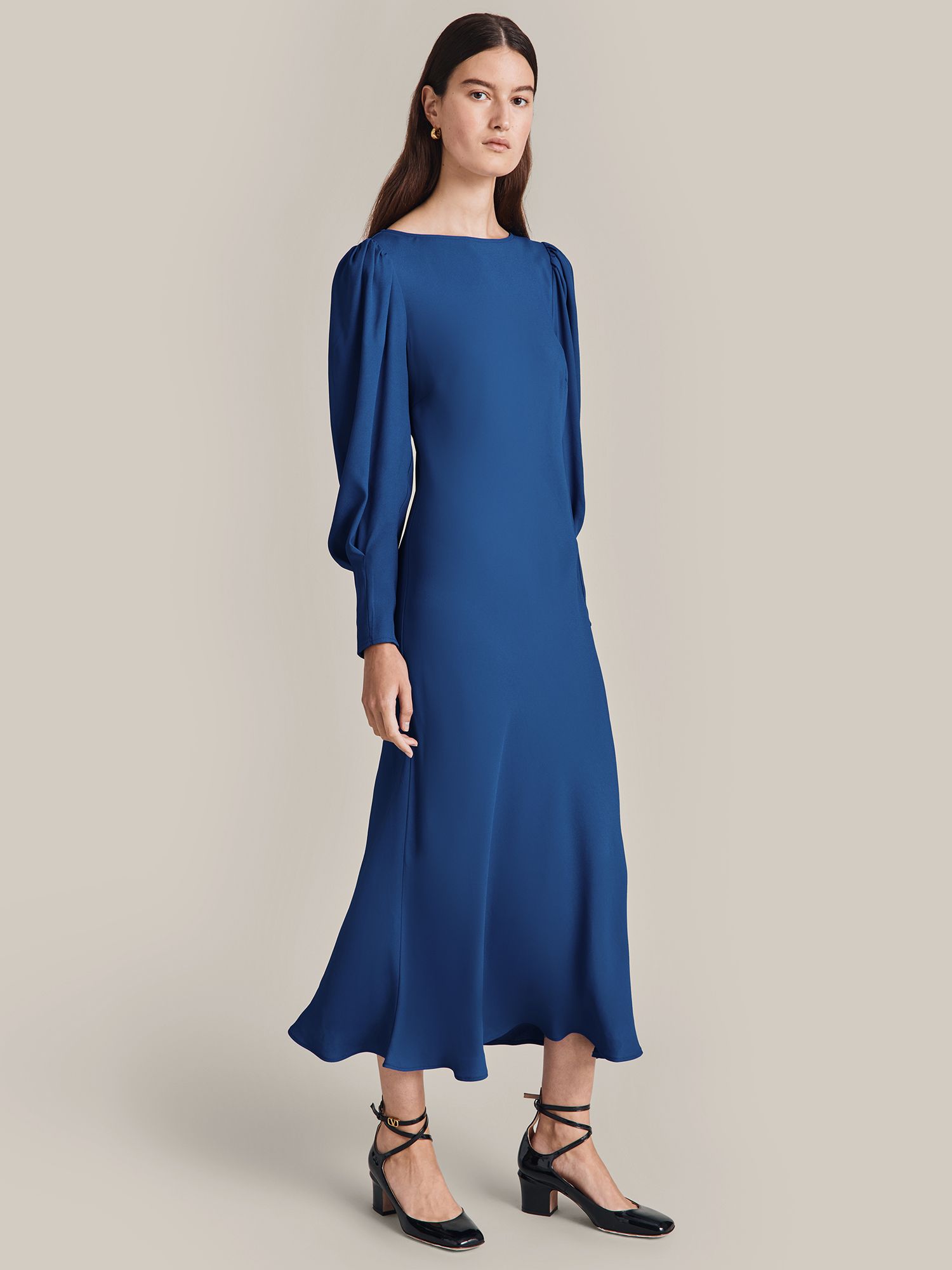 Ghost Stella Satin Midi Dress, Cobalt Blue, S