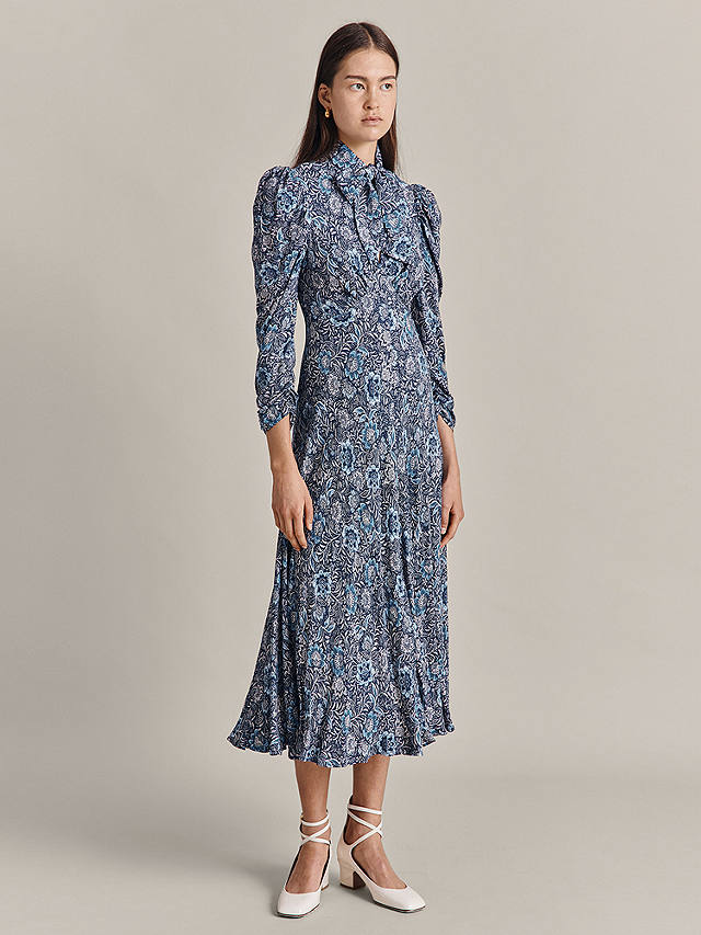 Ghost Erin Floral Batik Print Midi Dress, Blue/Multi