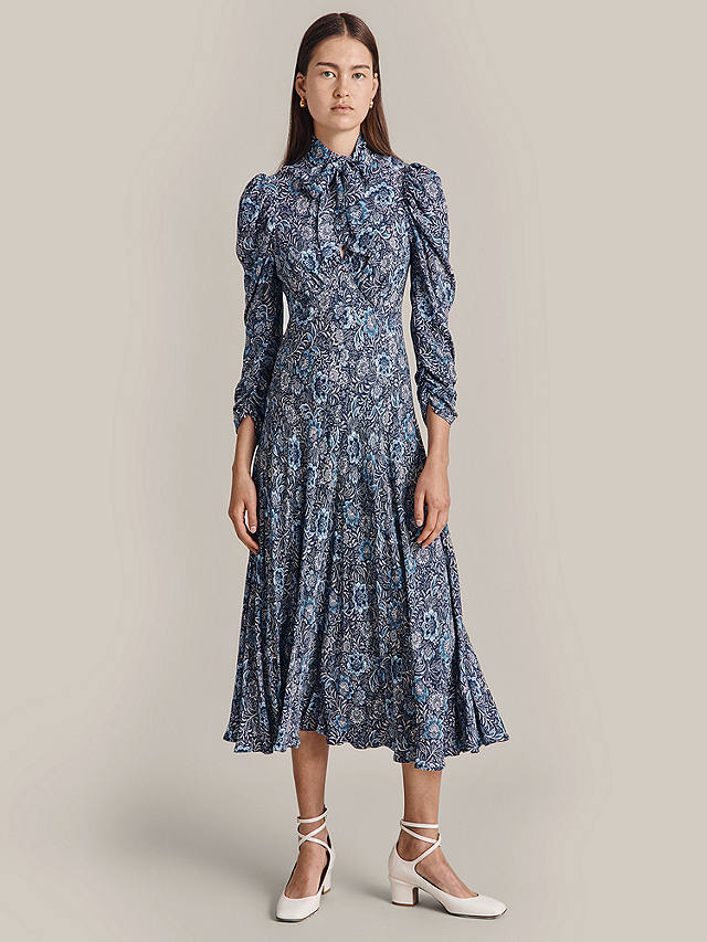 Ghost Erin Floral Batik Print Midi Dress, Blue/Multi