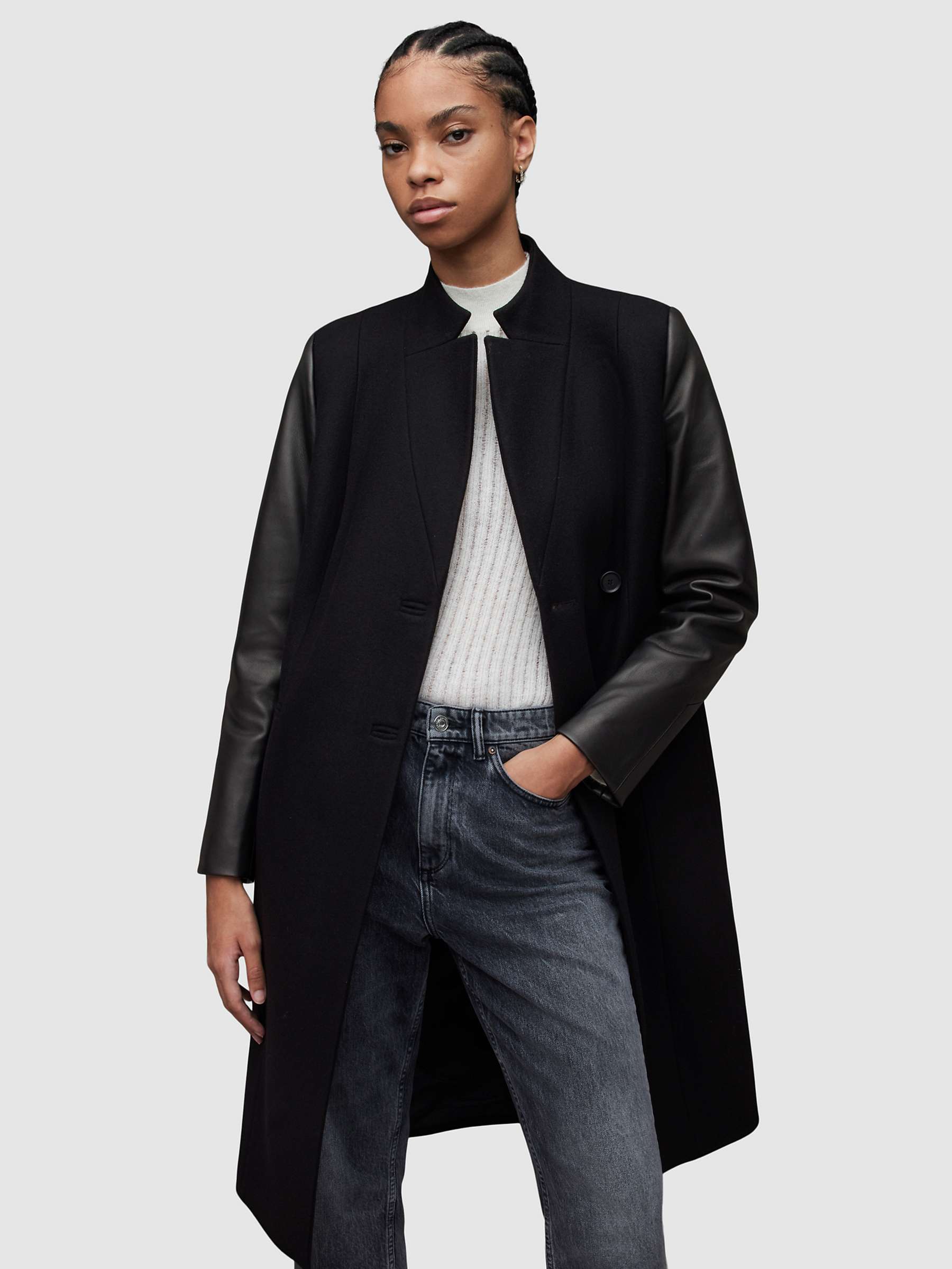 Buy AllSaints Sidney Leather and Wool Coat, Black Online at johnlewis.com