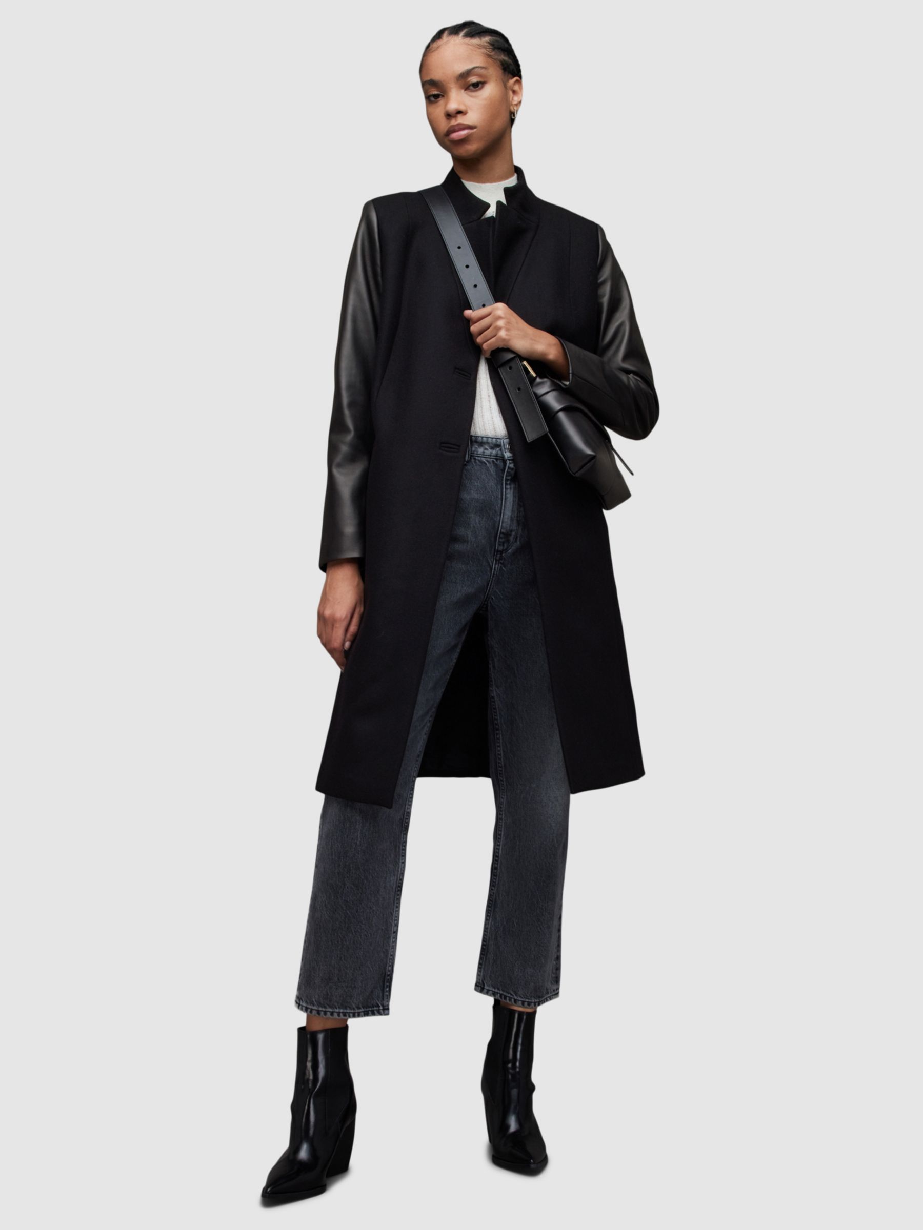 AllSaints Sidney Leather and Wool Coat, Black at John Lewis & Partners