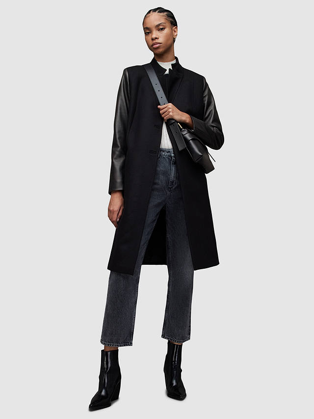 AllSaints Sidney Leather and Wool Coat, Black