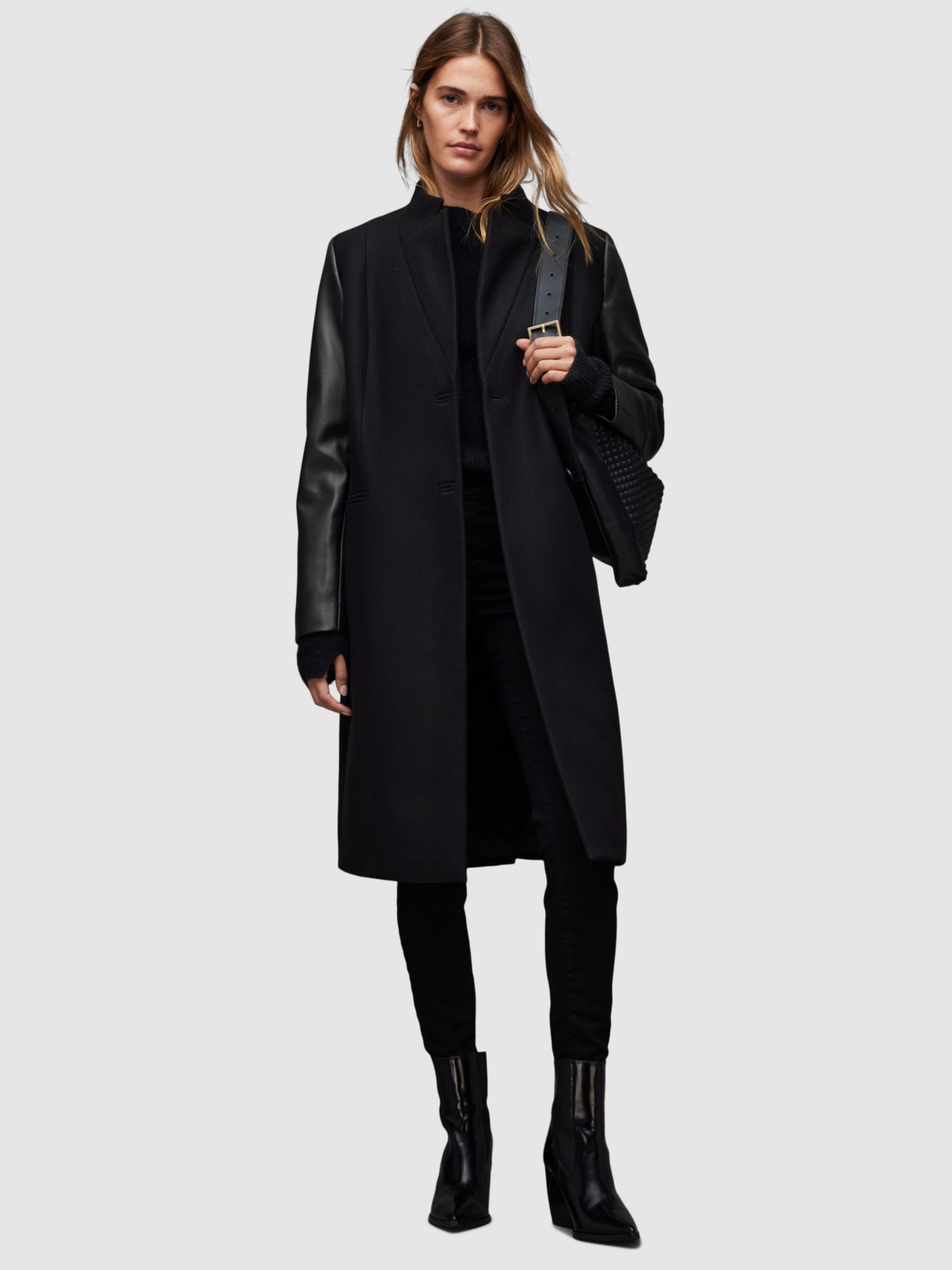 AllSaints Sidney Leather and Wool Coat, Black, 8